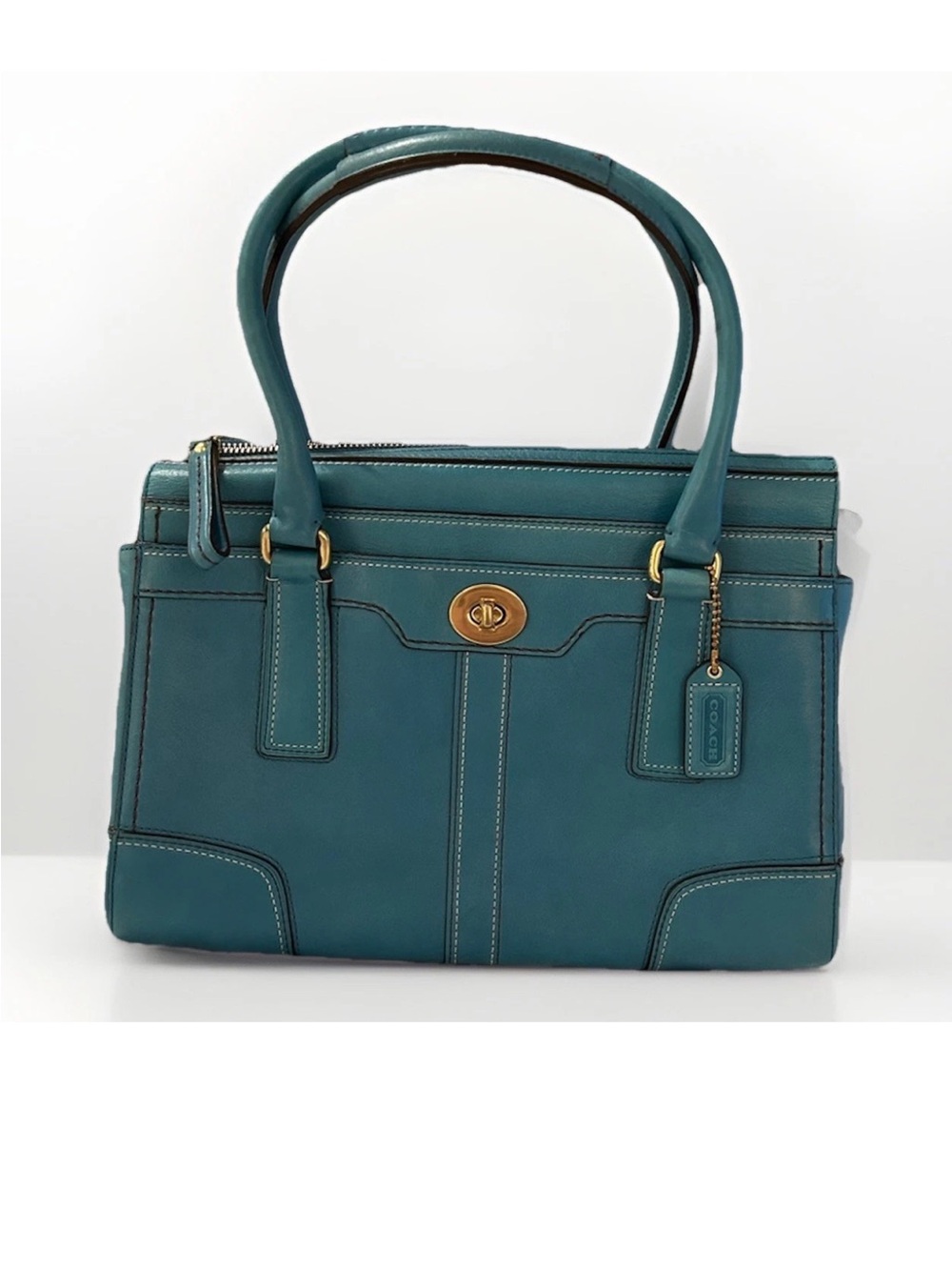 Coach Hamptons Carry All Satchel, Teal Leather, Brass Hardware *Vintage* 2007